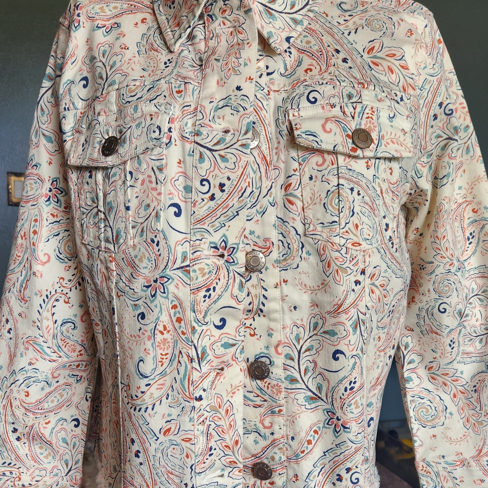 Christopher & Banks Paisley Jean Jacket - Cream and Blue